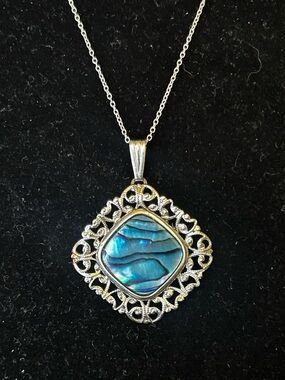 Silver Filigree Pendant Necklace with Blue Abalone Inlay